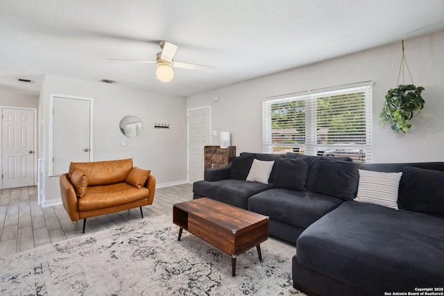 3003 Shady Spgs, San Antonio, TX 78230 - living room with ceiling fan, wood finished floors, and baseboards