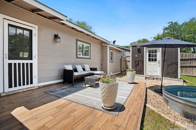 3003 Shady Spgs, San Antonio, TX 78230 - wooden deck featuring fence, an outbuilding, an outdoor hangout area, and a storage shed