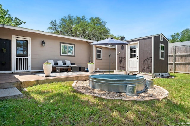 3003 Shady Spgs, San Antonio, TX 78230 - rear view of house with a hot tub, an outbuilding, a shed, and an outdoor living space