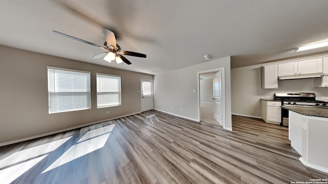 13778 Bradford Park, San Antonio, TX 78253 - kitchen featuring stainless steel gas range, under cabinet range hood, dark countertops, ceiling fan, and light wood-style floors