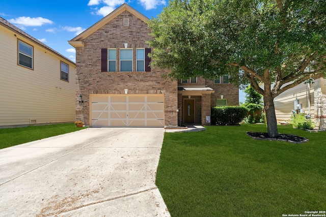 7923 Martinelli, San Antonio, TX 78253 - traditional-style home featuring brick siding, a garage, concrete driveway, and a front lawn