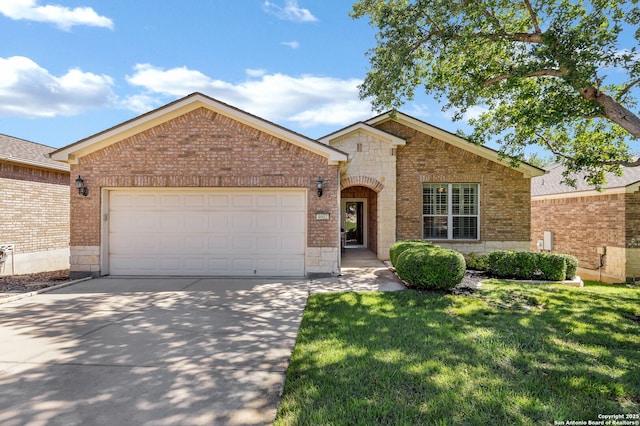 4602 Fort Boggy, San Antonio, TX 78253 - view of front of property with brick siding, concrete driveway, a garage, and a front lawn
