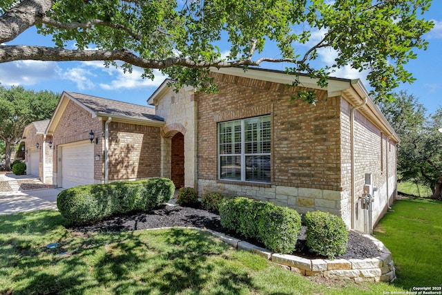 4602 Fort Boggy, San Antonio, TX 78253 - view of front facade featuring a garage, brick siding, a front lawn, and stone siding