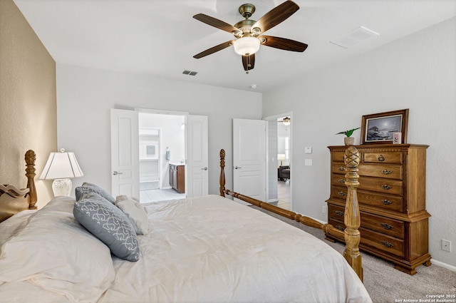 4602 Fort Boggy, San Antonio, TX 78253 - bedroom with baseboards, light colored carpet, ceiling fan, and connected bathroom