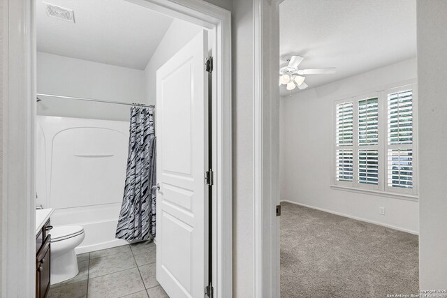 4602 Fort Boggy, San Antonio, TX 78253 - bathroom with a ceiling fan, vanity, shower / bath combination with curtain, and toilet