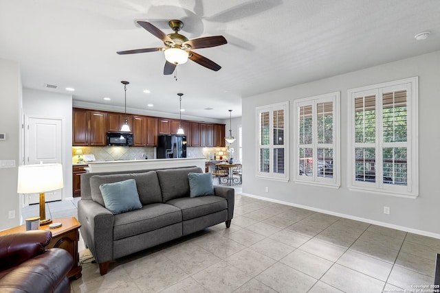 4602 Fort Boggy, San Antonio, TX 78253 - living room with light tile patterned floors, a ceiling fan, recessed lighting, and baseboards