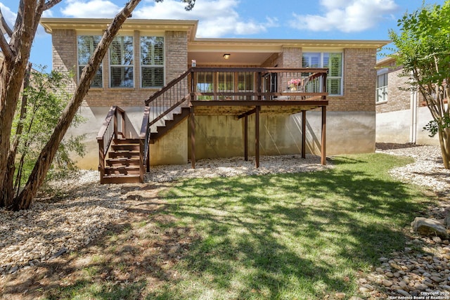 4602 Fort Boggy, San Antonio, TX 78253 - rear view of property with stairway, brick siding, a deck, and a lawn