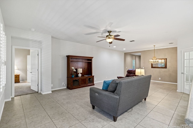 4602 Fort Boggy, San Antonio, TX 78253 - living area with light tile patterned floors, a ceiling fan, a chandelier, baseboards, and recessed lighting