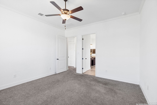 5015 Country Nest, San Antonio, TX 78253 - unfurnished bedroom with light colored carpet, ornamental molding, baseboards, connected bathroom, and a ceiling fan