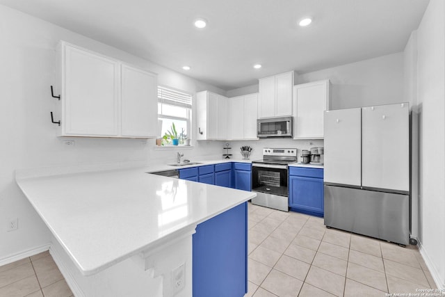 15836 Selene, San Antonio, TX 78245 - kitchen featuring appliances with stainless steel finishes, blue cabinetry, a peninsula, white cabinets, and recessed lighting