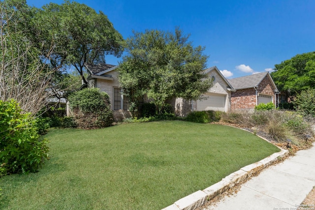 5919 Cedar Path, San Antonio, TX 78249 - view of property hidden behind natural elements featuring brick siding, a front lawn, and a garage