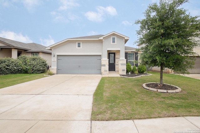 view of front of home with stucco siding, a garage, driveway, a front lawn, and stone siding