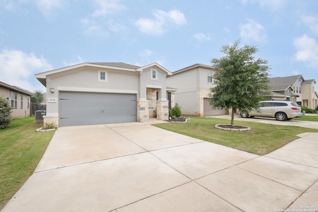 view of front facade featuring stucco siding, a front yard, central AC unit, and concrete driveway