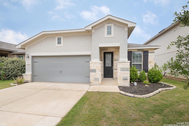 view of front facade featuring stone siding, stucco siding, driveway, a front yard, and a garage