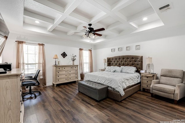 515 County Road 3822, San Antonio, TX 78253 - bedroom featuring a desk, dark wood-style flooring, coffered ceiling, beamed ceiling, and recessed lighting