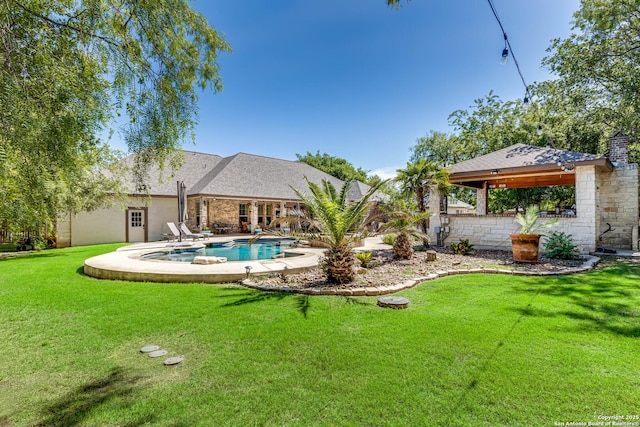 515 County Road 3822, San Antonio, TX 78253 - rear view of property featuring stone siding, a yard, a patio area, and a chimney