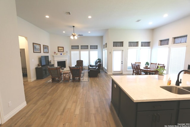 2965 Grove Way, Seguin, TX 78155 - kitchen featuring a sink, ceiling fan, recessed lighting, wood finished floors, and a fireplace