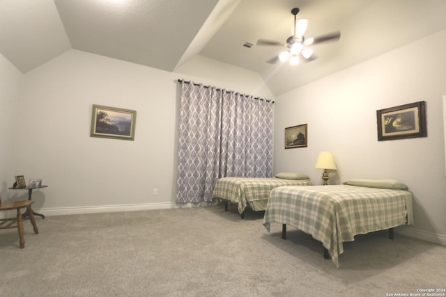 2965 Grove Way, Seguin, TX 78155 - carpeted bedroom with lofted ceiling, baseboards, and ceiling fan