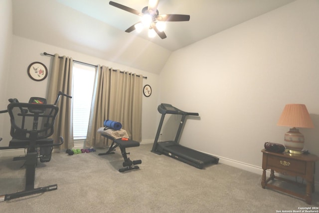 2965 Grove Way, Seguin, TX 78155 - exercise area featuring ceiling fan, lofted ceiling, baseboards, and carpet