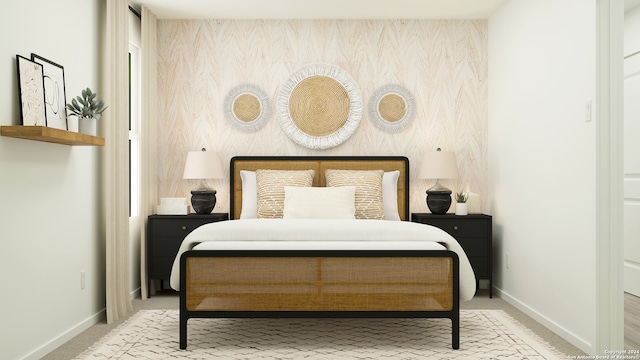 3903 Millbrook Way, San Antonio, TX 78245 - bedroom with an accent wall, carpet flooring, baseboards, and wallpapered walls