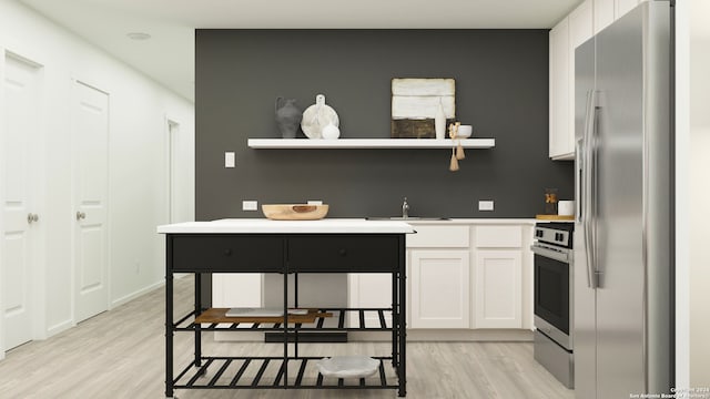 3903 Millbrook Way, San Antonio, TX 78245 - kitchen with stainless steel appliances, open shelves, light wood-style floors, white cabinets, and light countertops
