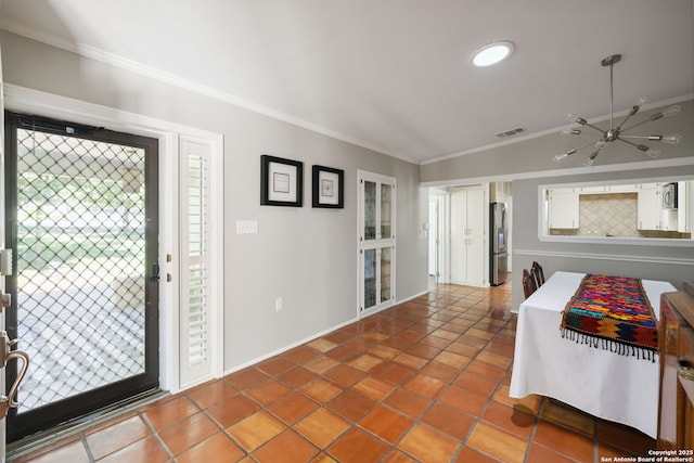7214 N Vandiver, San Antonio, TX 78209 - tiled entryway featuring crown molding, a chandelier, and baseboards
