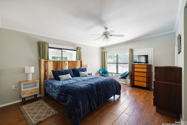 7214 N Vandiver, San Antonio, TX 78209 - bedroom with crown molding, wood-type flooring, ceiling fan, and baseboards