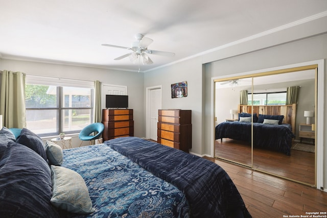 7214 N Vandiver, San Antonio, TX 78209 - bedroom with hardwood / wood-style floors, crown molding, and ceiling fan