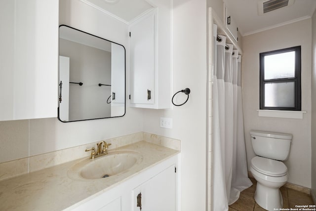 7214 N Vandiver, San Antonio, TX 78209 - bathroom featuring ornamental molding, toilet, tile patterned flooring, vanity, and a shower with curtain