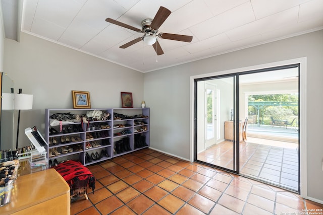 7214 N Vandiver, San Antonio, TX 78209 - sitting room featuring crown molding, ceiling fan, tile patterned floors, and baseboards