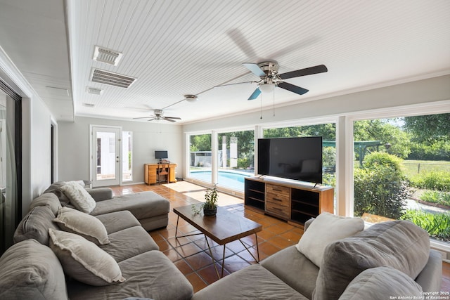 7214 N Vandiver, San Antonio, TX 78209 - living room featuring tile patterned flooring and a ceiling fan