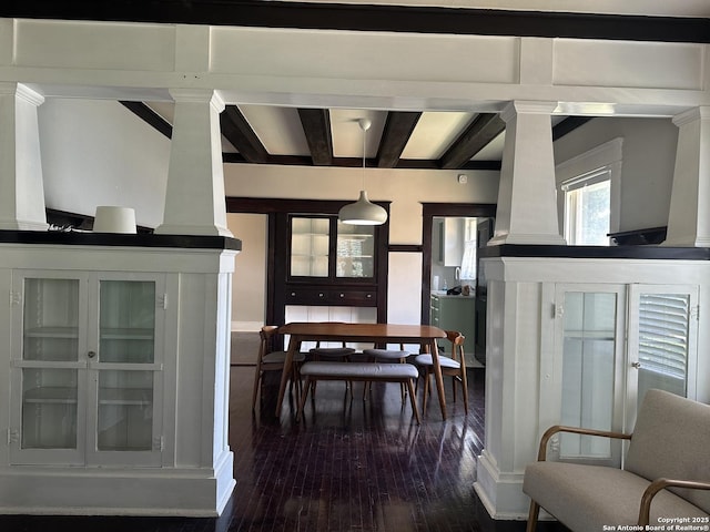 539 Wickes, San Antonio, TX 78210 - sitting room featuring dark wood-type flooring, beamed ceiling, and decorative columns