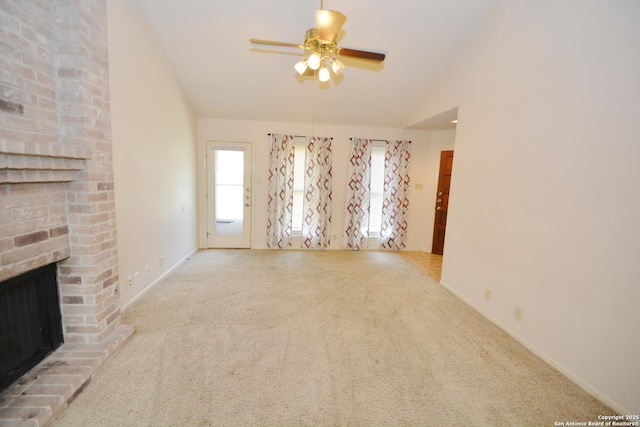 5759 Spring Watch, San Antonio, TX 78247 - unfurnished living room featuring lofted ceiling, ceiling fan, a brick fireplace, carpet floors, and baseboards