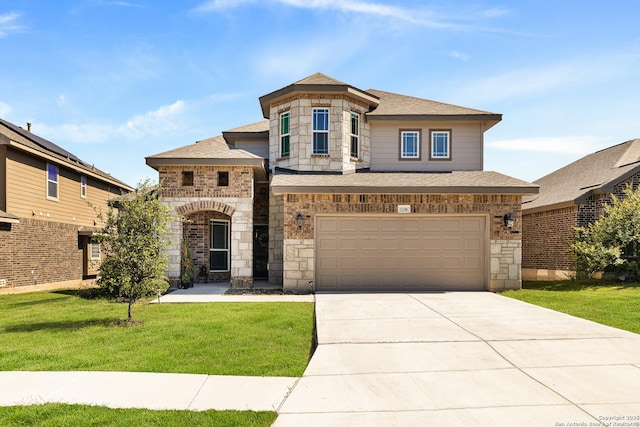 11106 Begonia Rock, San Antonio, TX 78245 - french provincial home featuring stone siding, an attached garage, driveway, and a front lawn