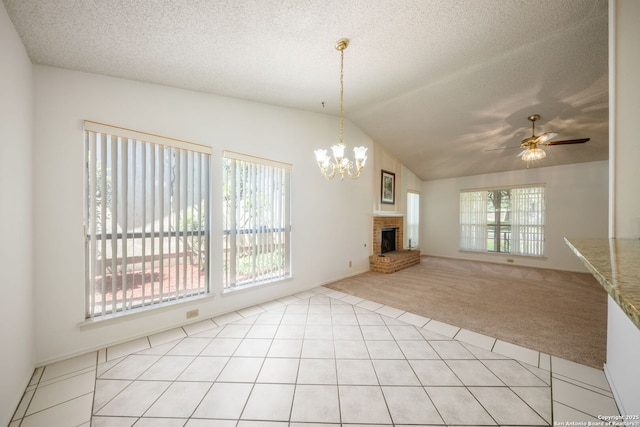 12138 W Lemon Blossom, San Antonio, TX 78247 - unfurnished living room featuring light colored carpet, lofted ceiling, a chandelier, ceiling fan, and light tile patterned floors