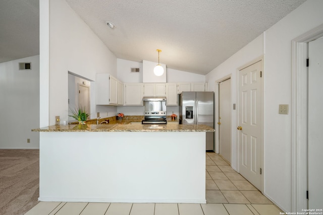12138 W Lemon Blossom, San Antonio, TX 78247 - kitchen featuring stainless steel appliances, lofted ceiling, under cabinet range hood, light stone counters, and a peninsula