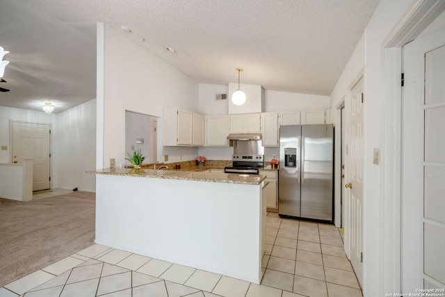 12138 W Lemon Blossom, San Antonio, TX 78247 - kitchen featuring stainless steel appliances, under cabinet range hood, lofted ceiling, a peninsula, and light tile patterned floors
