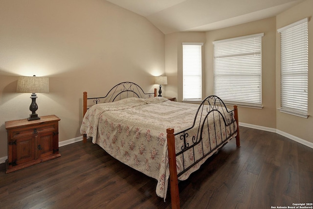 6139 Diego Ln, San Antonio, TX 78253 - bedroom featuring baseboards, dark wood-style flooring, and vaulted ceiling