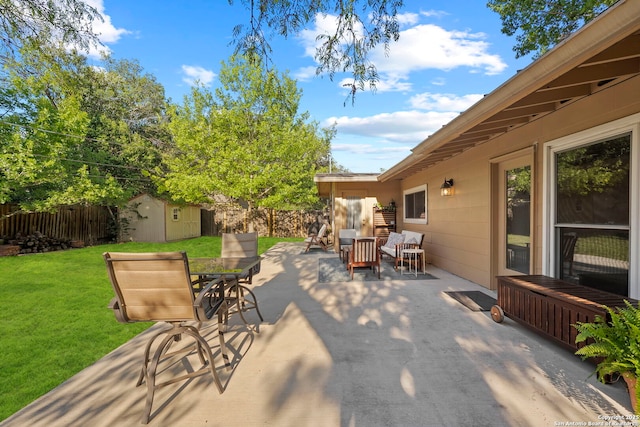2827 Bent Bow, San Antonio, TX 78209 - view of patio with a storage unit, an outbuilding, and outdoor dining space