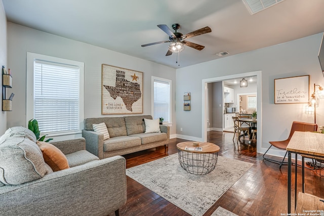 719 W Elsmere, San Antonio, TX 78212 - living room with ceiling fan, dark wood finished floors, and baseboards