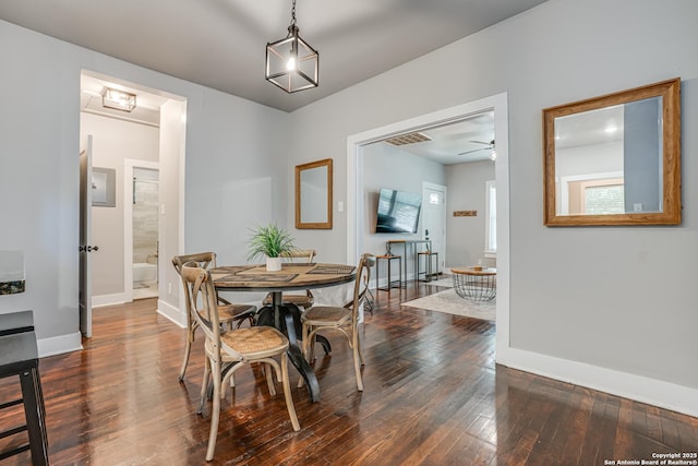 719 W Elsmere, San Antonio, TX 78212 - dining area with baseboards, dark wood-style floors, and ceiling fan