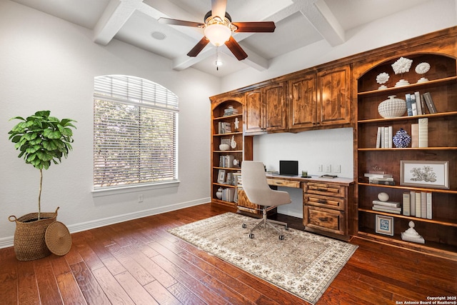 102 Arroyo, Boerne, TX 78006 - office area with built in desk, beam ceiling, a ceiling fan, baseboards, and dark wood-type flooring