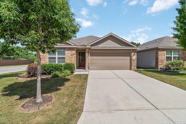 ranch-style house with an attached garage, concrete driveway, and brick siding