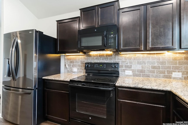 kitchen featuring black appliances, dark brown cabinetry, backsplash, and light stone counters