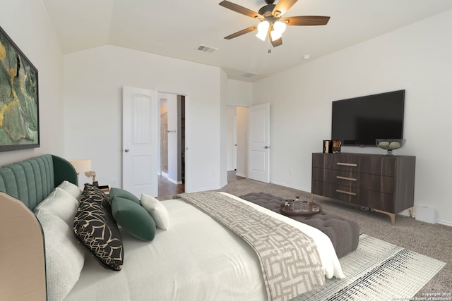 bedroom featuring carpet floors, lofted ceiling, ceiling fan, and baseboards