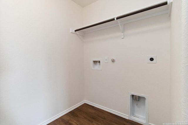laundry area featuring hookup for an electric dryer, washer hookup, dark wood-style flooring, baseboards, and gas dryer hookup