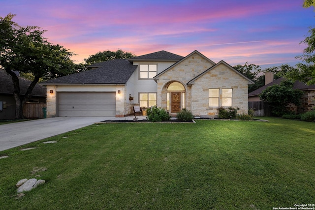 212 Leather Leaf, Boerne, TX 78006 - french country home featuring a garage, concrete driveway, stone siding, and a shingled roof