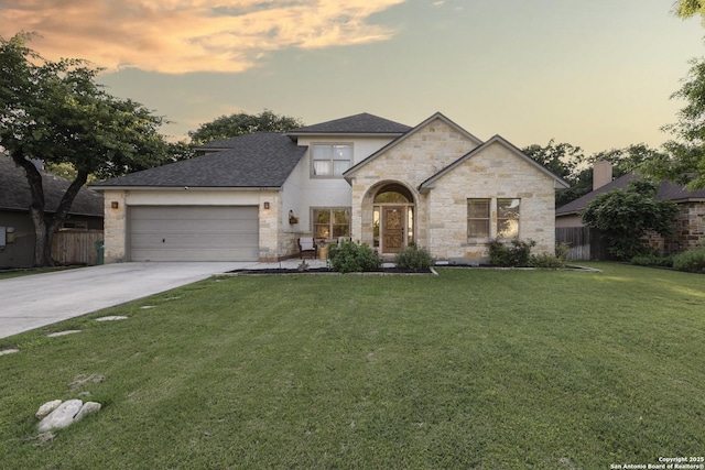212 Leather Leaf, Boerne, TX 78006 - french country home featuring stone siding, driveway, a garage, and roof with shingles