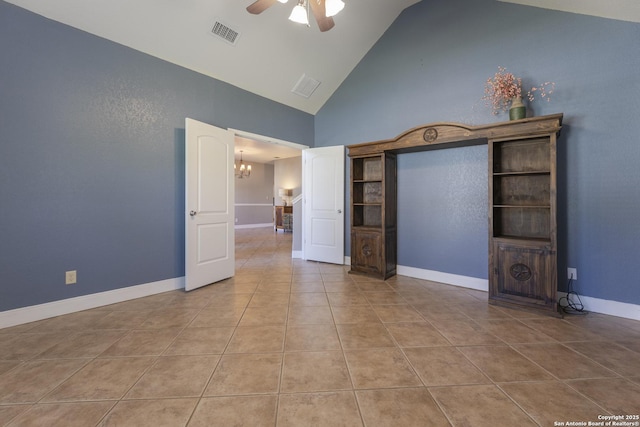 212 Leather Leaf, Boerne, TX 78006 - unfurnished living room featuring ceiling fan, tile patterned flooring, a chandelier, high vaulted ceiling, and baseboards