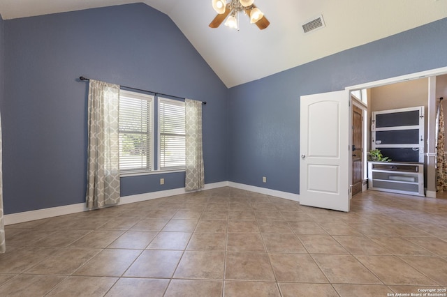 212 Leather Leaf, Boerne, TX 78006 - unfurnished room with a ceiling fan, light tile patterned floors, high vaulted ceiling, and baseboards